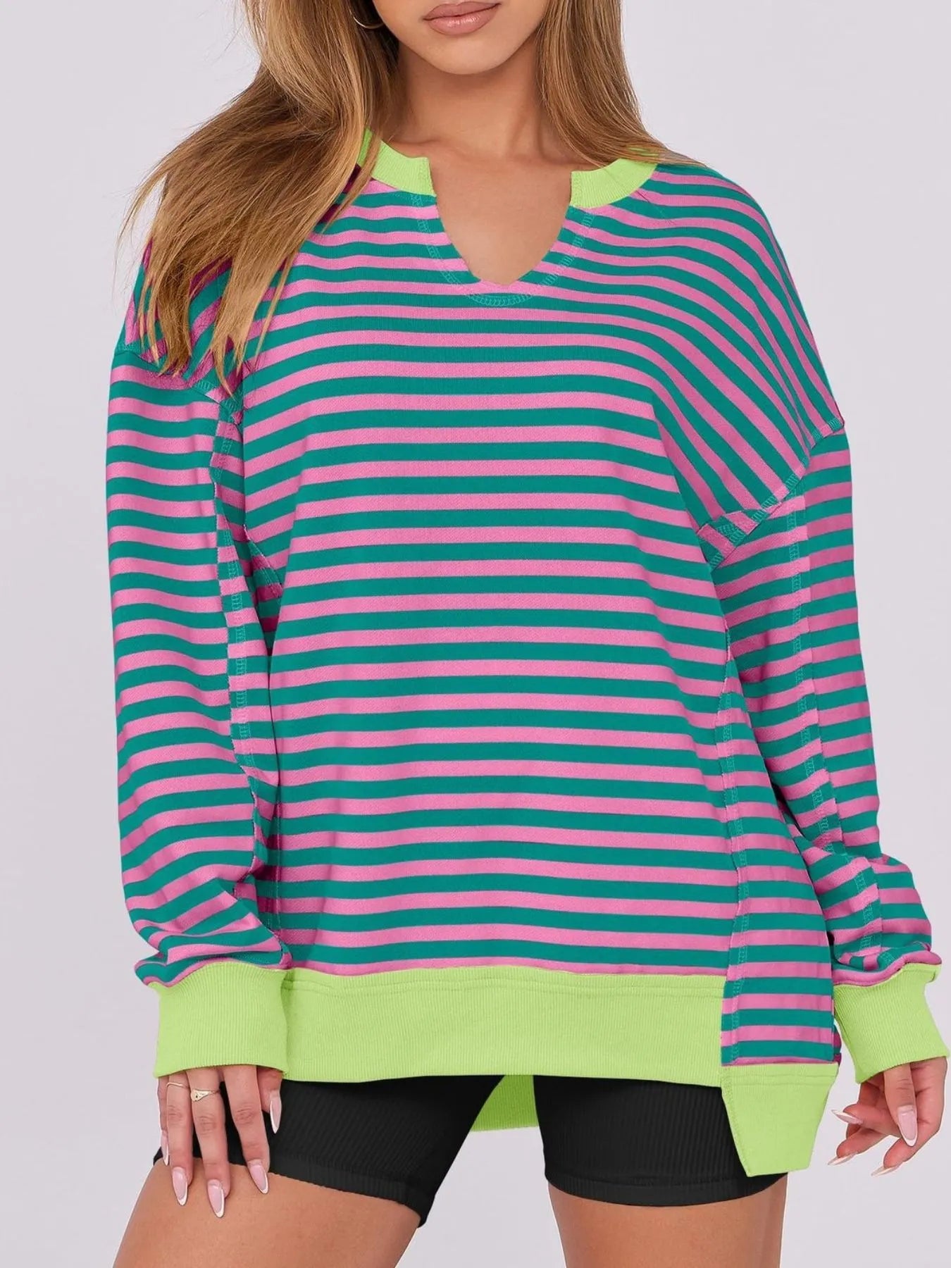 Notched Long Sleeve Oversized Sweatshirt - Fashorio