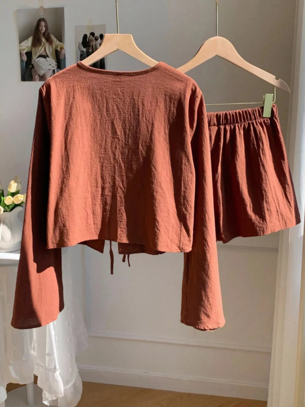 Embroidered Tie Front Top and Shorts Set, view 10