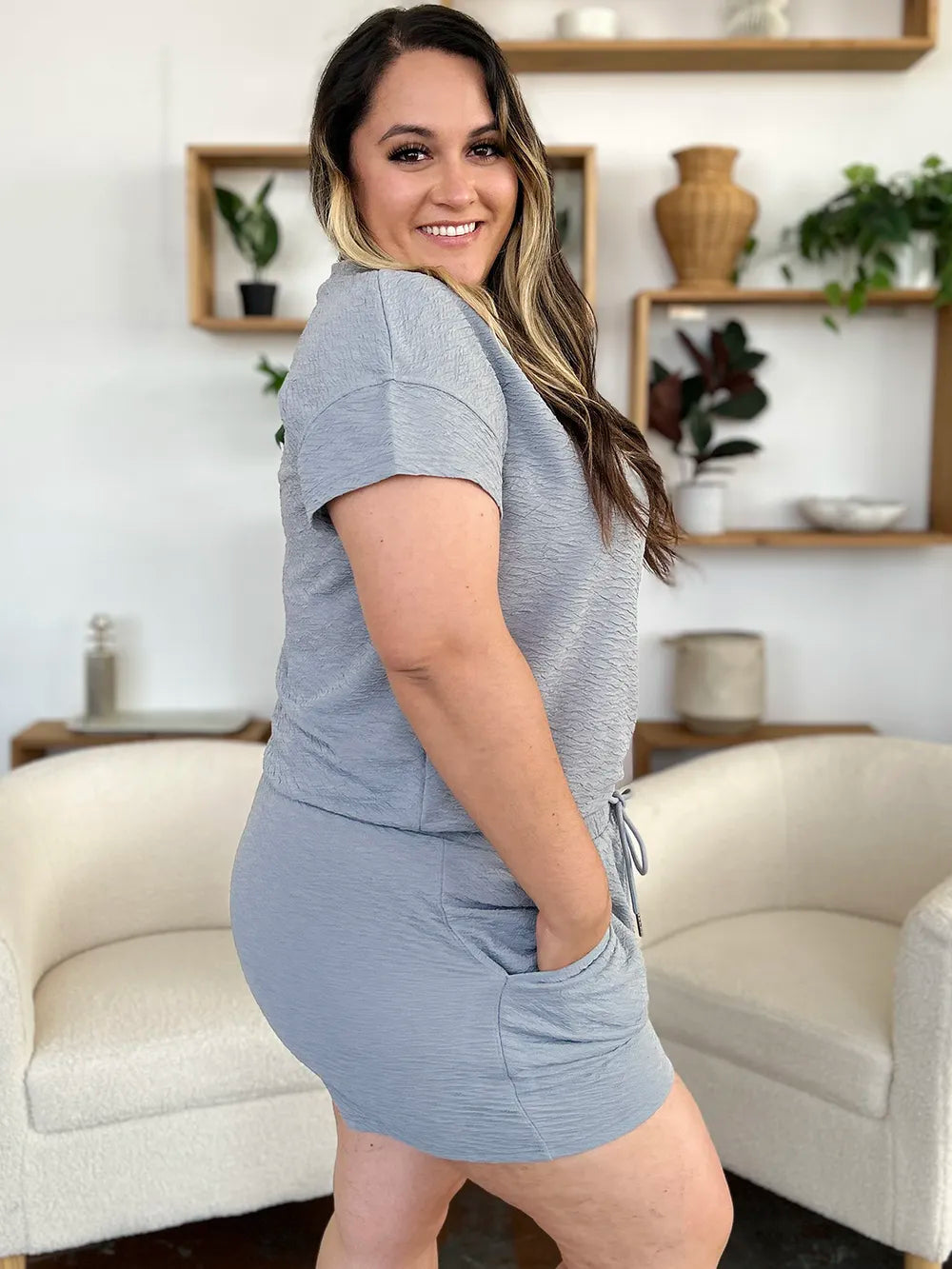 Double Take Full Size Texture Short Sleeve T-Shirt and Drawstring Shorts Set - Fashorio