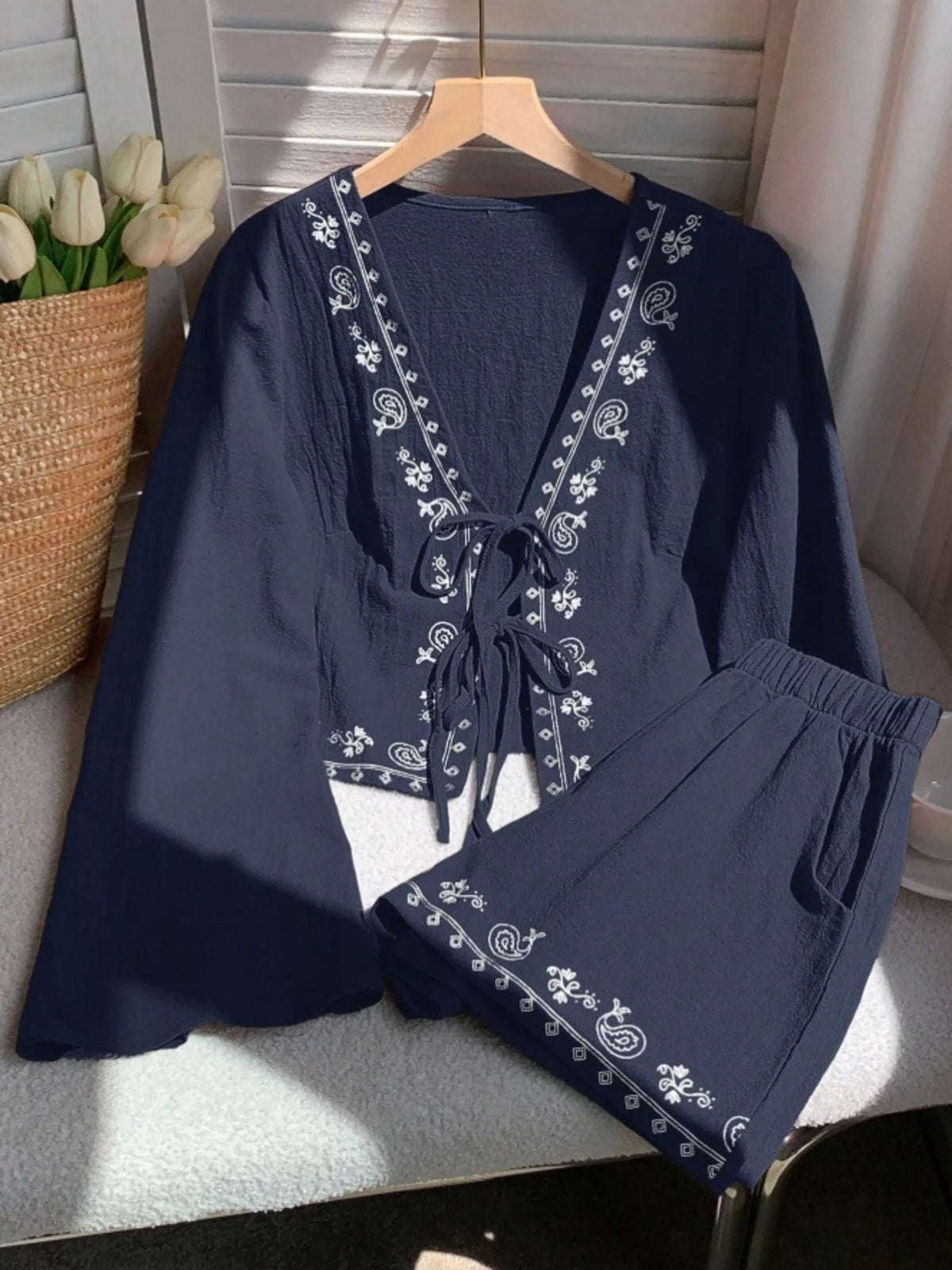 Embroidered Tie Front Top and Shorts Set, view 18