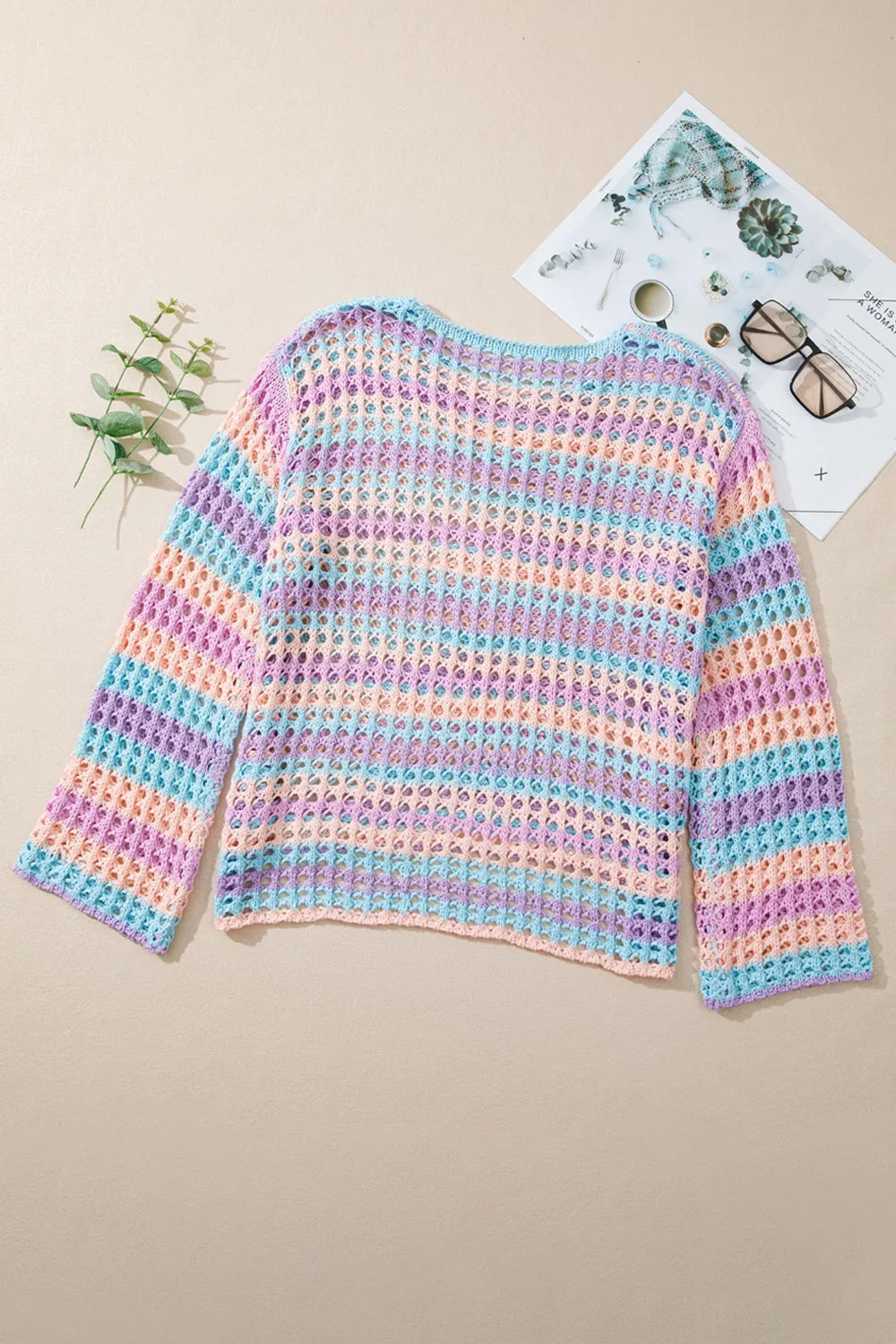 Openwork Side Slit Striped Knit Kimono Cover Up, view 8