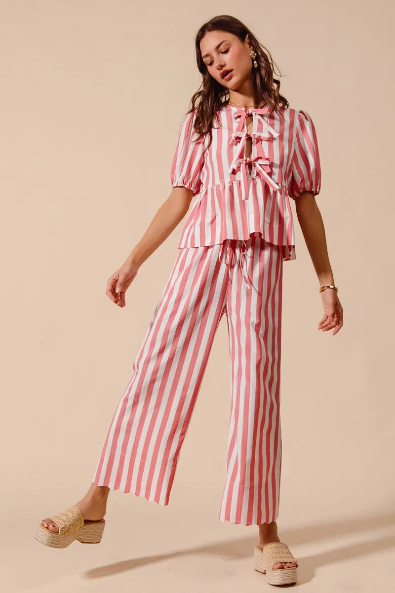 SO ME Front Tie Stripe Top With Puff Sleeves and Wide Leg Pants Set - Fashorio