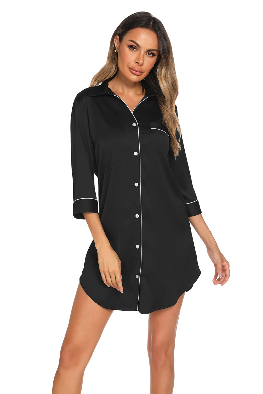 Button Up Collared Neck Night Dress with Pocket - Fashorio