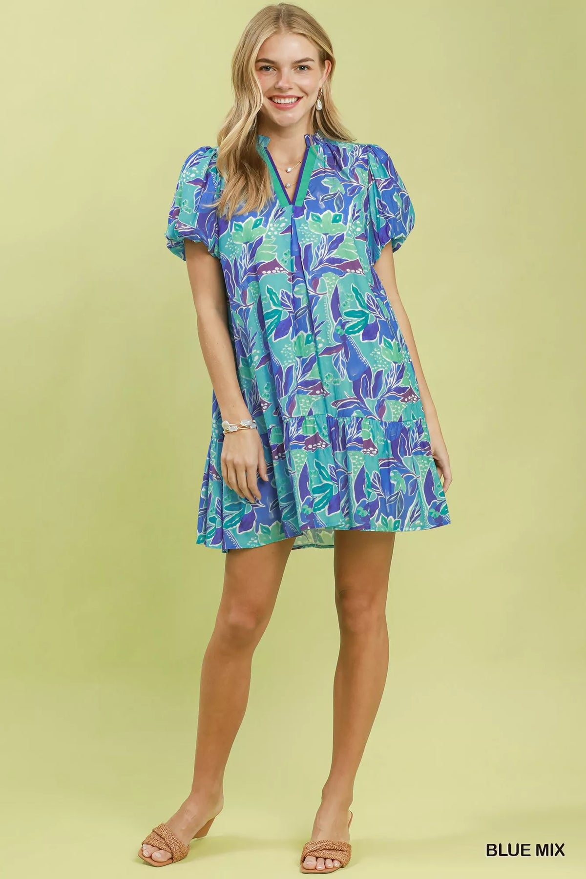 Blue floral tiered skirt mini dress back view