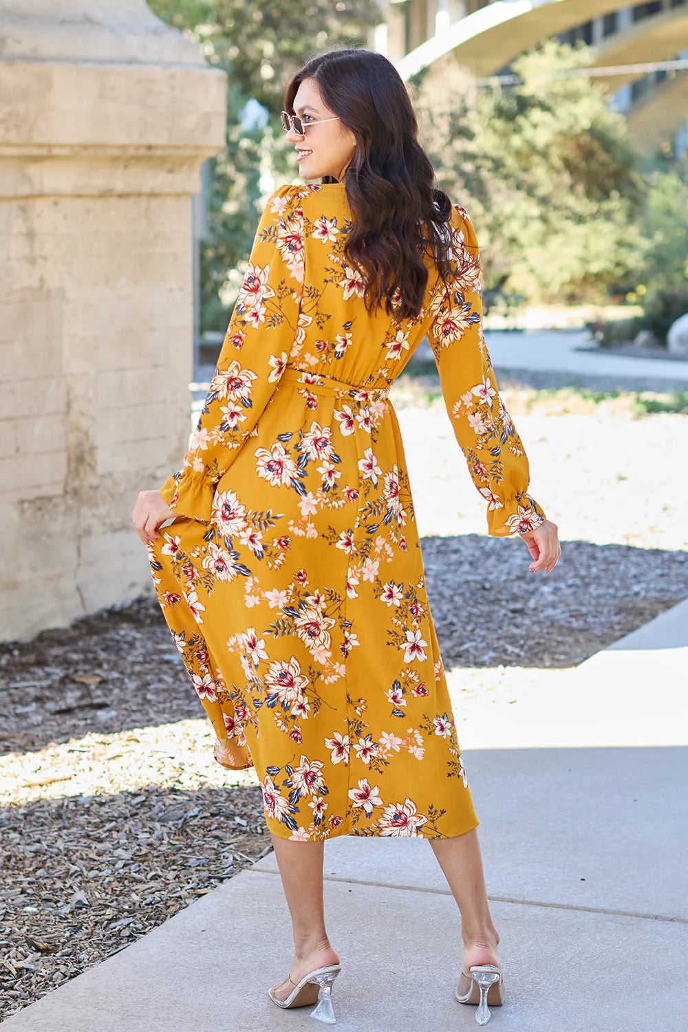 Floral Tie Back Flounce Sleeve Dress back view