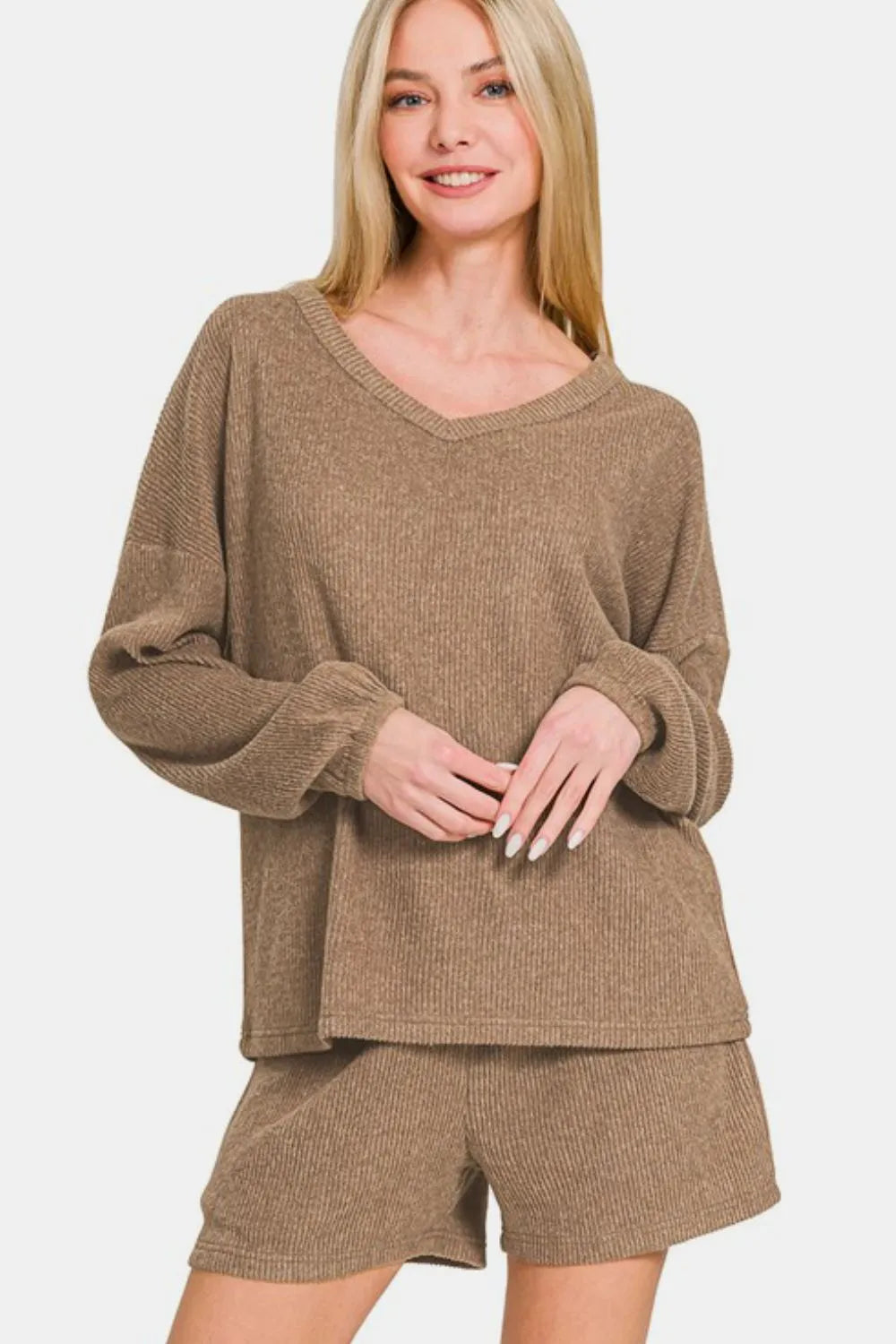 Zenana V-Neck Long Sleeve Ribbed Top and Shorts Set - Fashorio