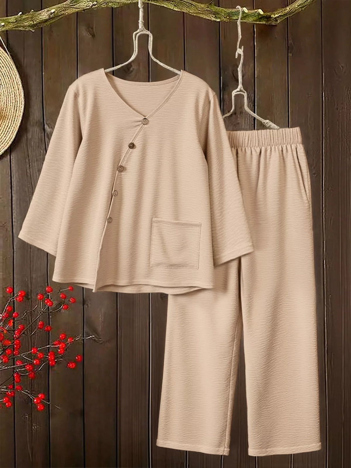 Tan plus size two piece set side view