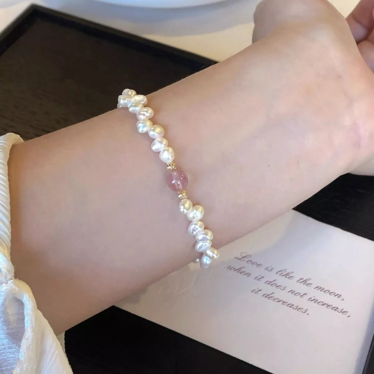 Blush pink pearl and crystal beaded bracelet, back view