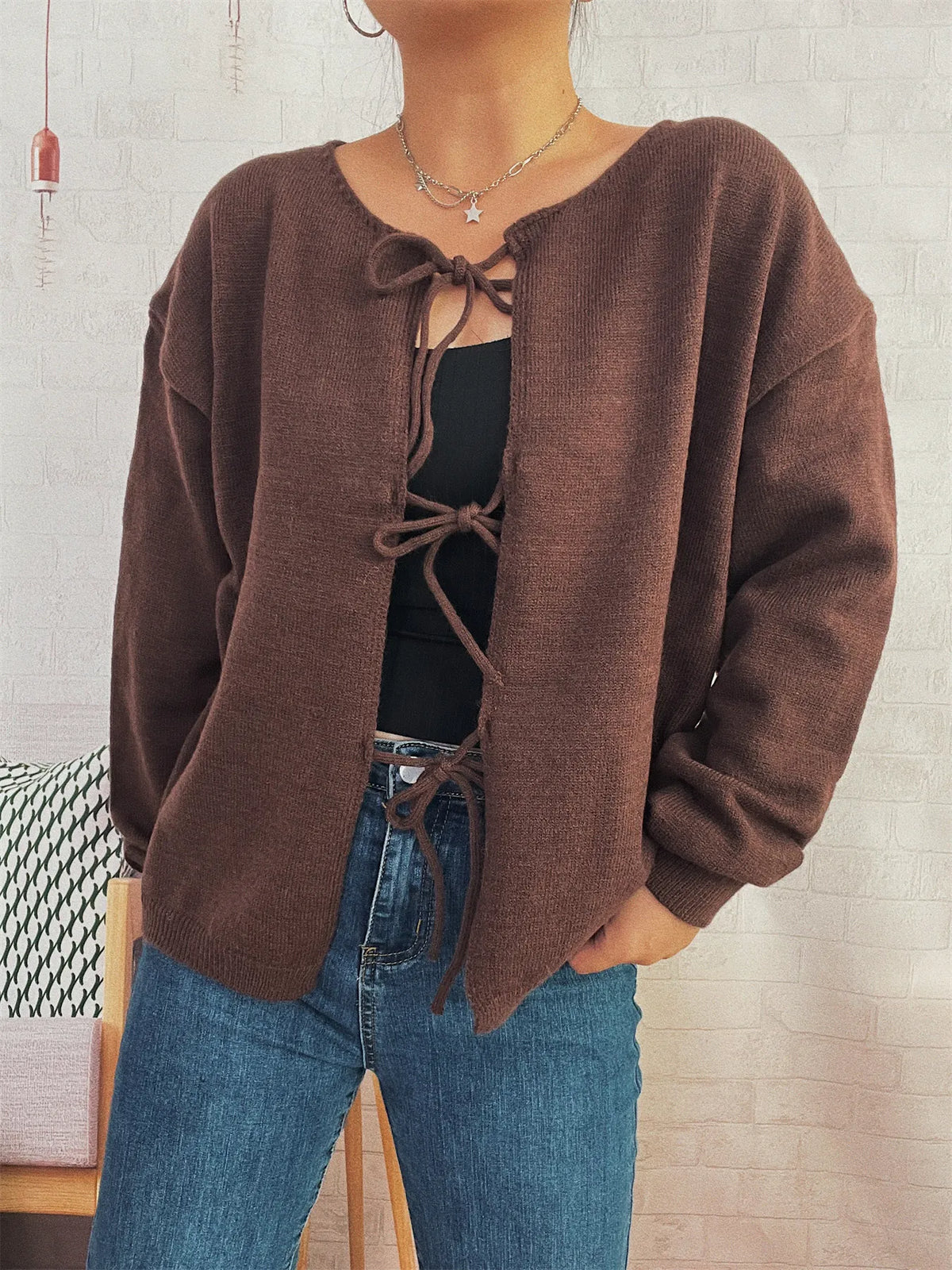 Tie front drop shoulder cardigan, back view