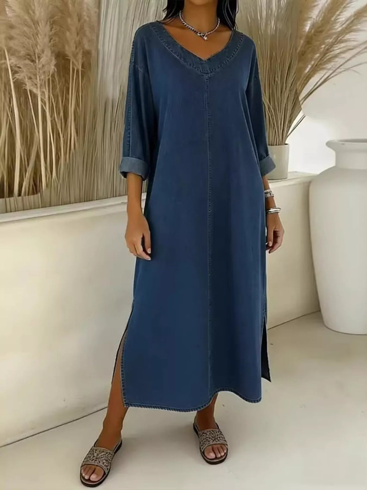 Side slit V neck long sleeve midi dress styled outfit view
