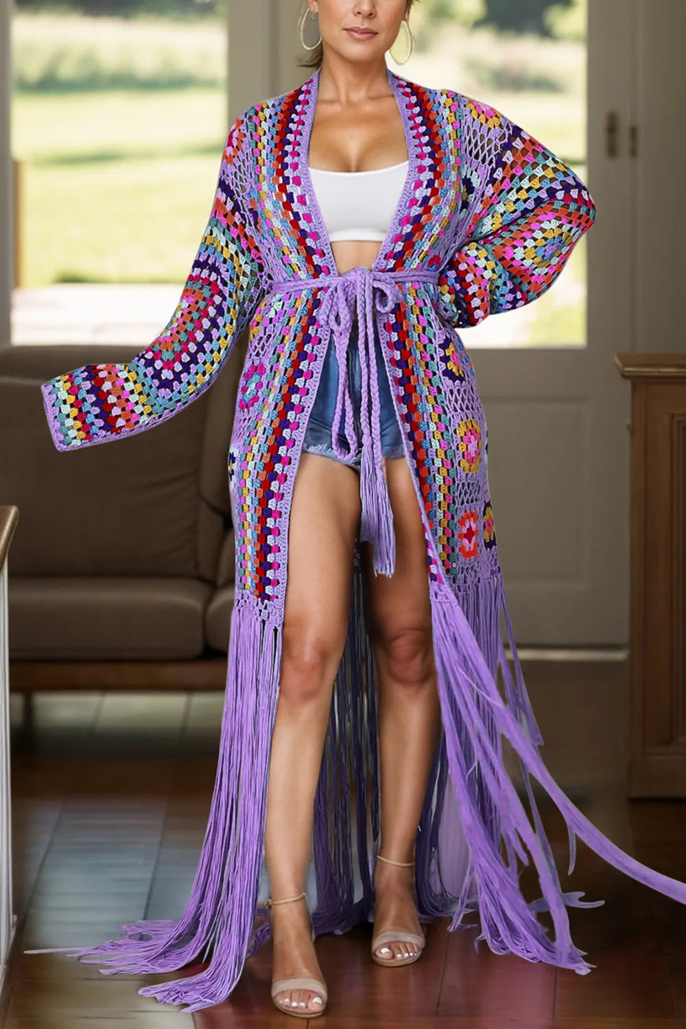 Fringe tied duster cardigan front view