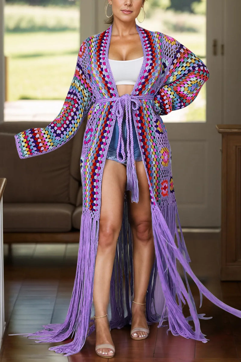 Fringe tied duster cardigan front view