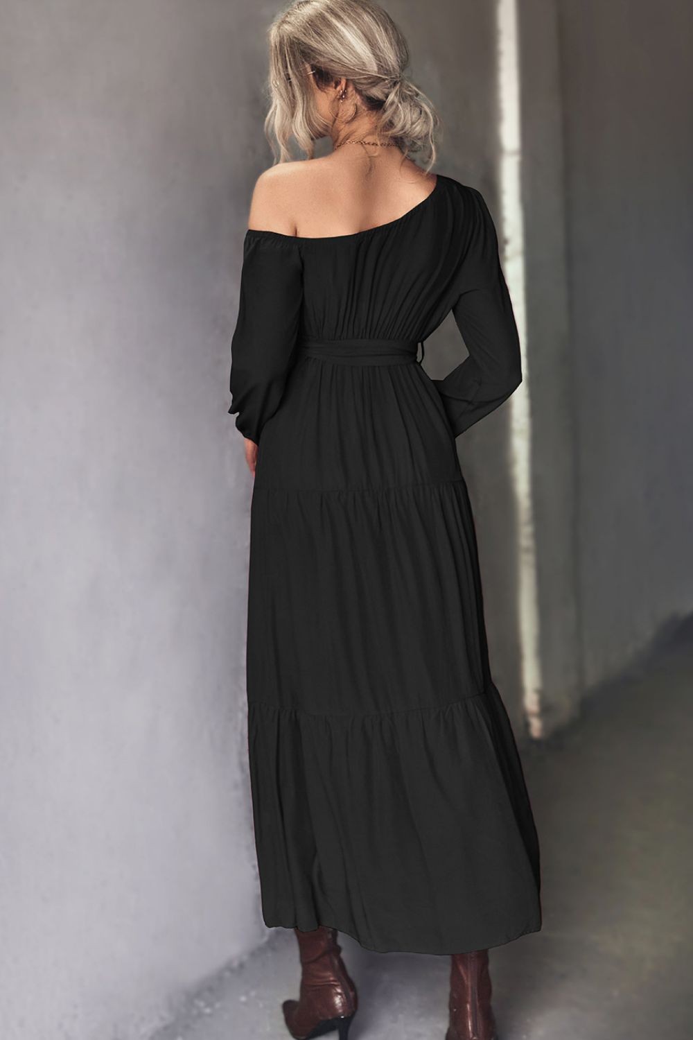 Belted One-Shoulder Tiered Maxi Dress - Fashorio