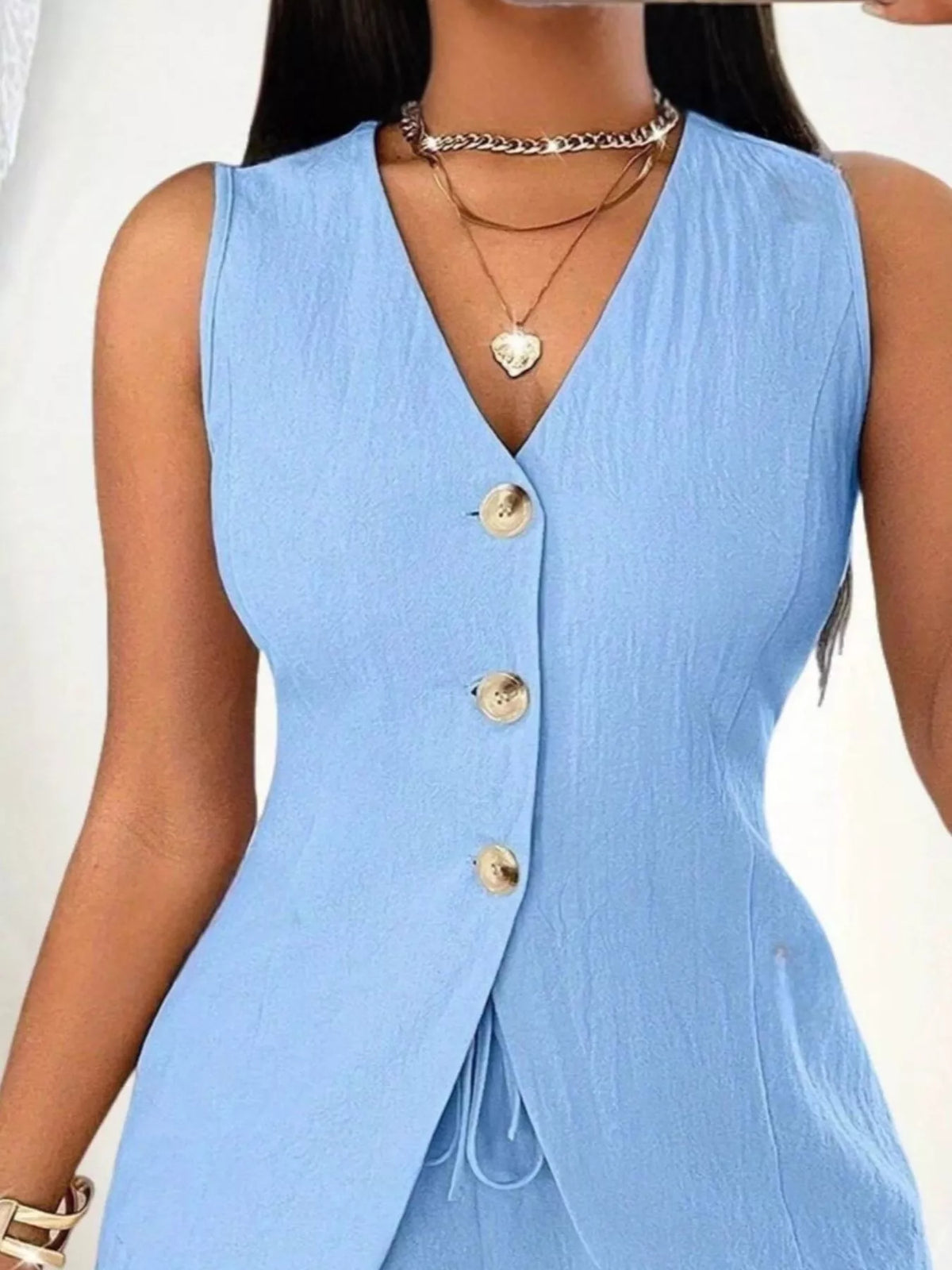 Sleeveless Button Down Vest and Shorts Set, view 17