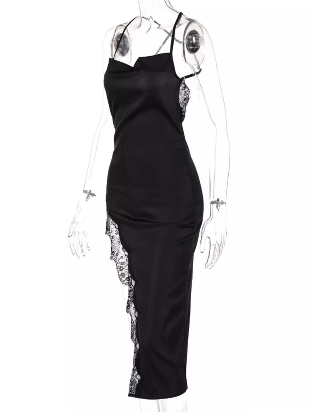 Full length shot of the black lace split midi dress