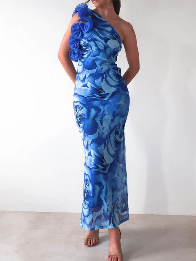 floral print one shoulder maxi dress front view