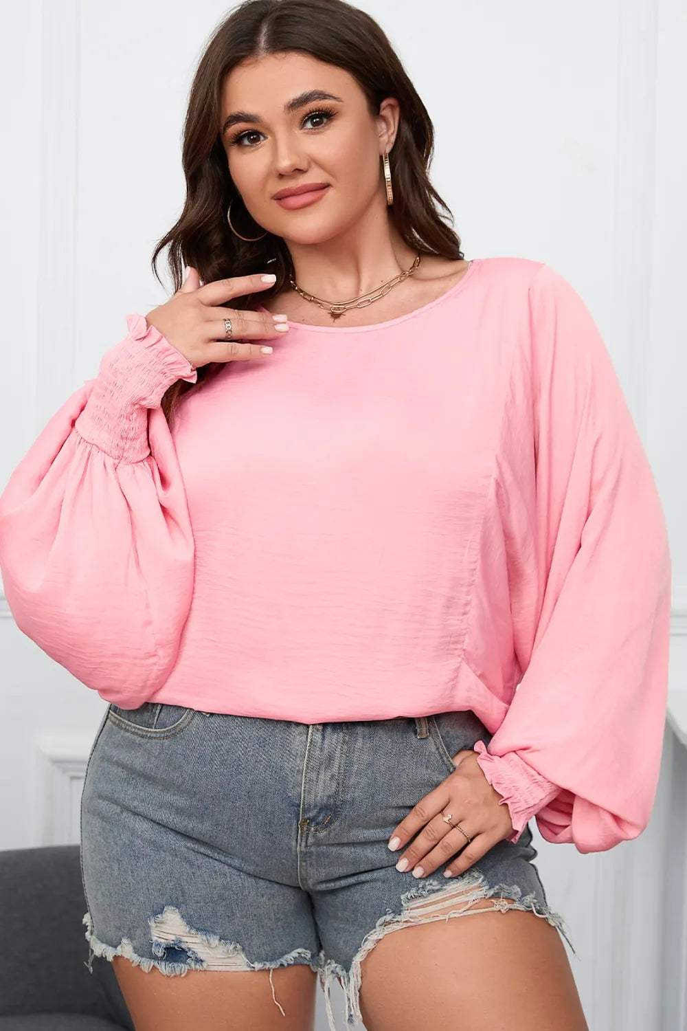 Plus Size Lantern Sleeve Dropped Shoulder Blouse - Fashorio