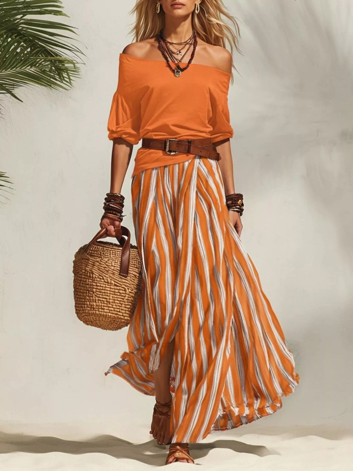 Off Shoulder Top and Striped Maxi Skirt Set, view 8