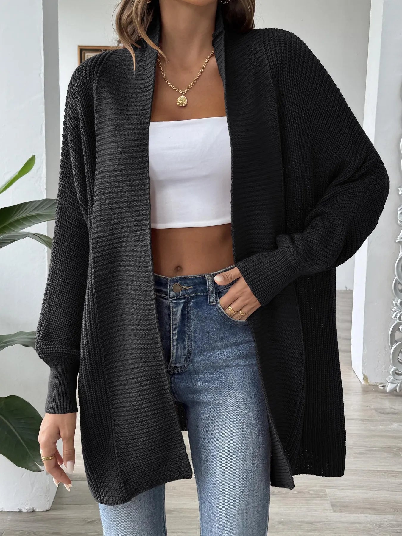 Oversized Knit Open Front Cardigan - Fashorio