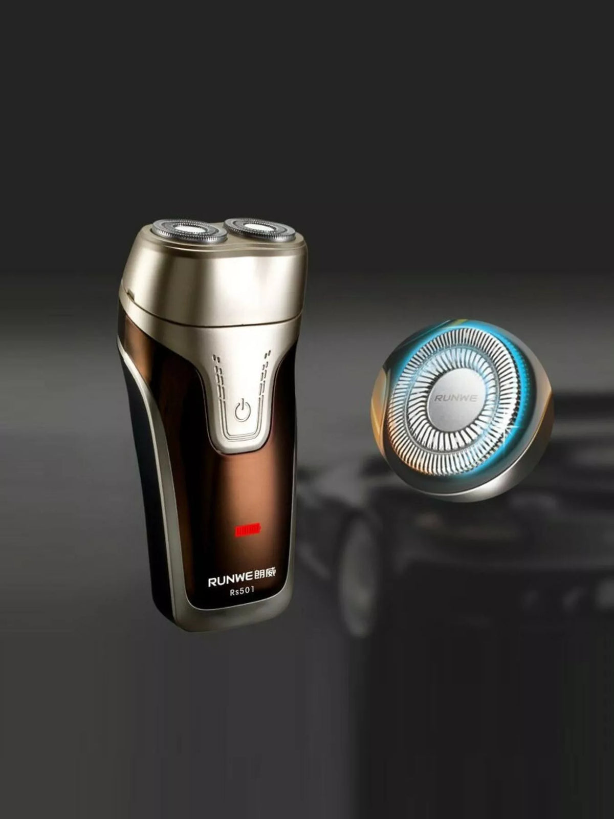 Gold rotary electric shaver front view