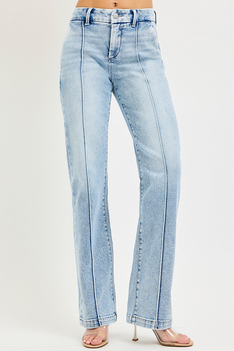 RISEN high rise straight pin tuck jeans in light wash front view