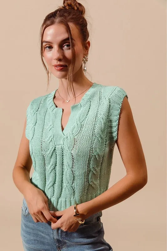 Notched Neck Cable Knit Sweater Vest in Dusty Sage