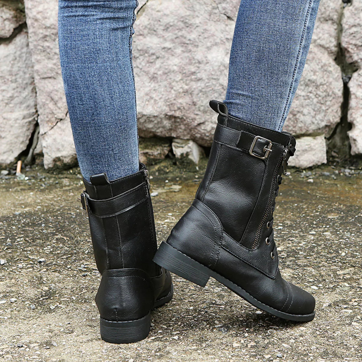 Lace Up Ankle Boots with Zipper Detail angled three quarter view