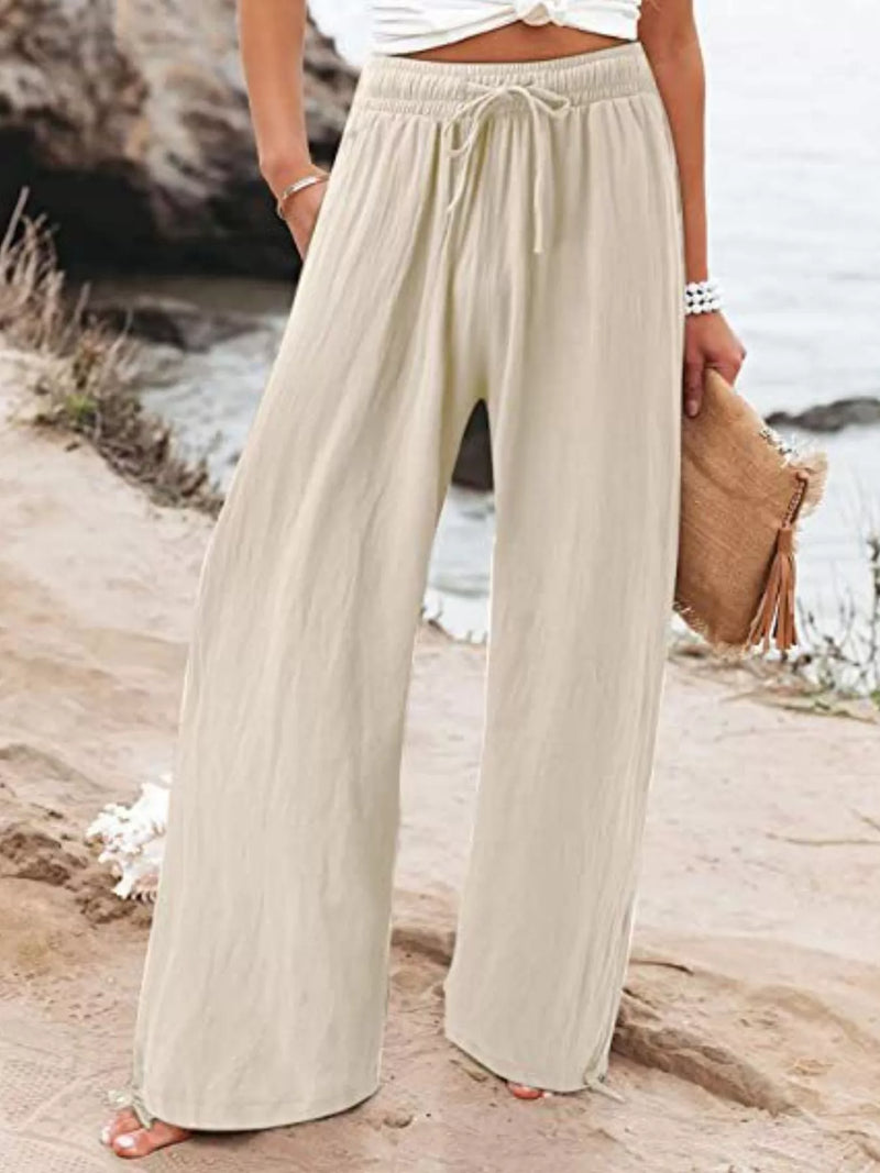 Wide leg drawstring pants front view
