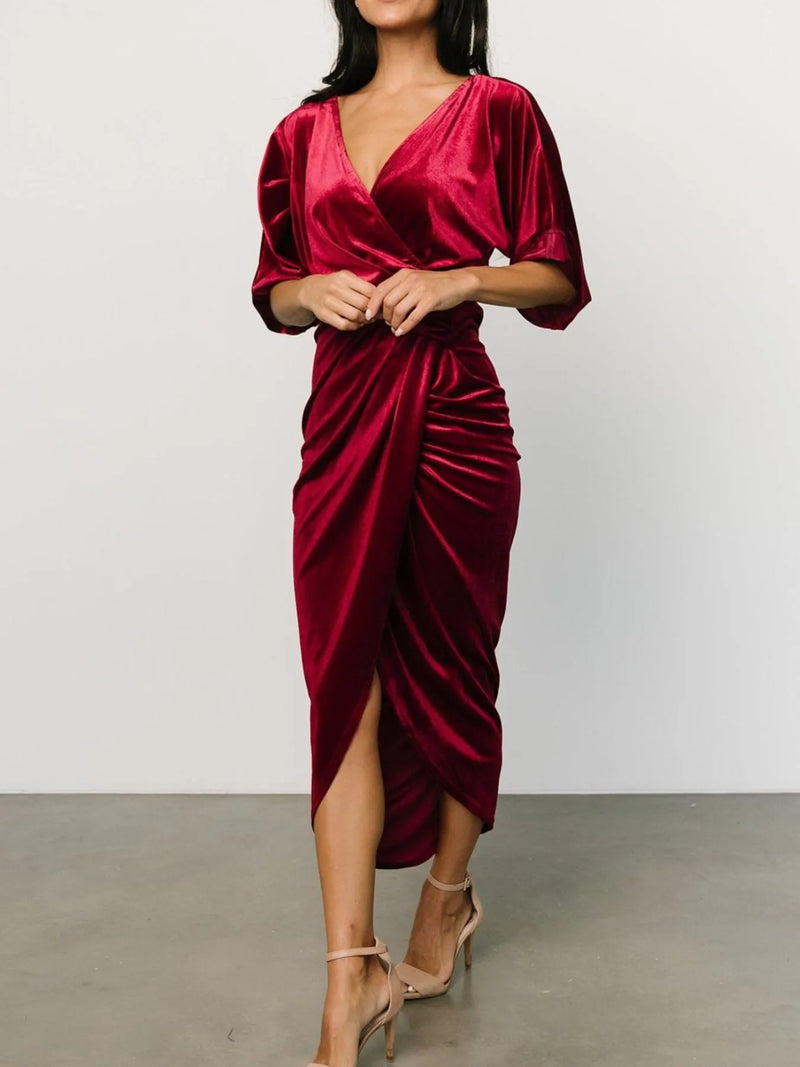 Ruched Surplice Half Sleeve Dress front view