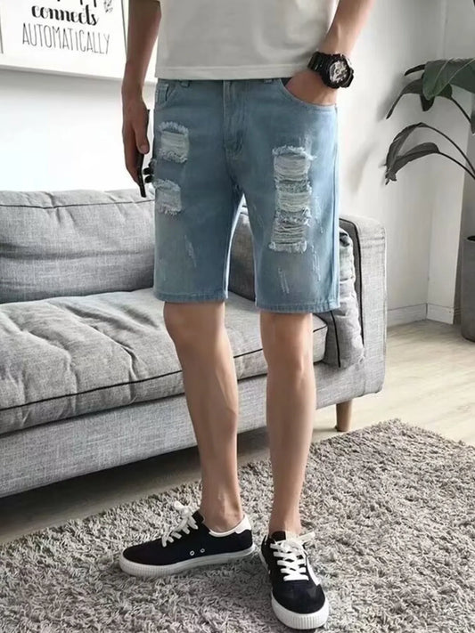 Men's Distressed Wash Denim Shorts Blue - Fashorio