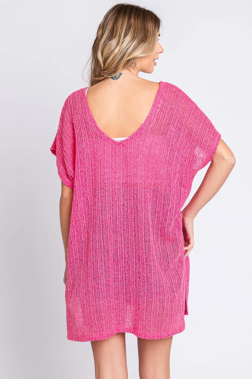 Short Sleeve Side Slit Knit Cover Up Dress back view