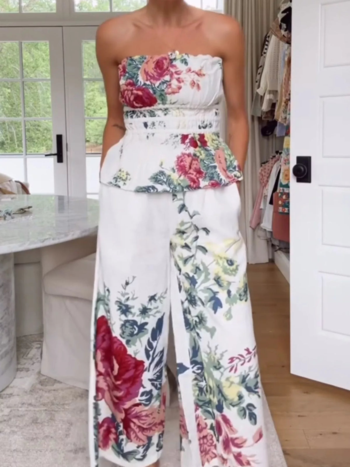 Floral strapless set styled with heels