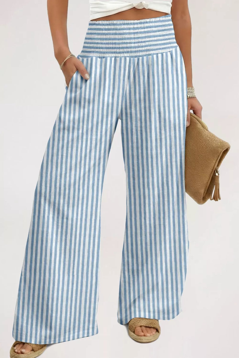 Light blue striped wide leg pants front view