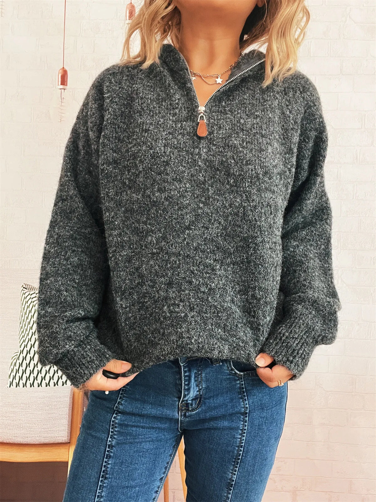 Quarter zip ribbed hem sweater front view