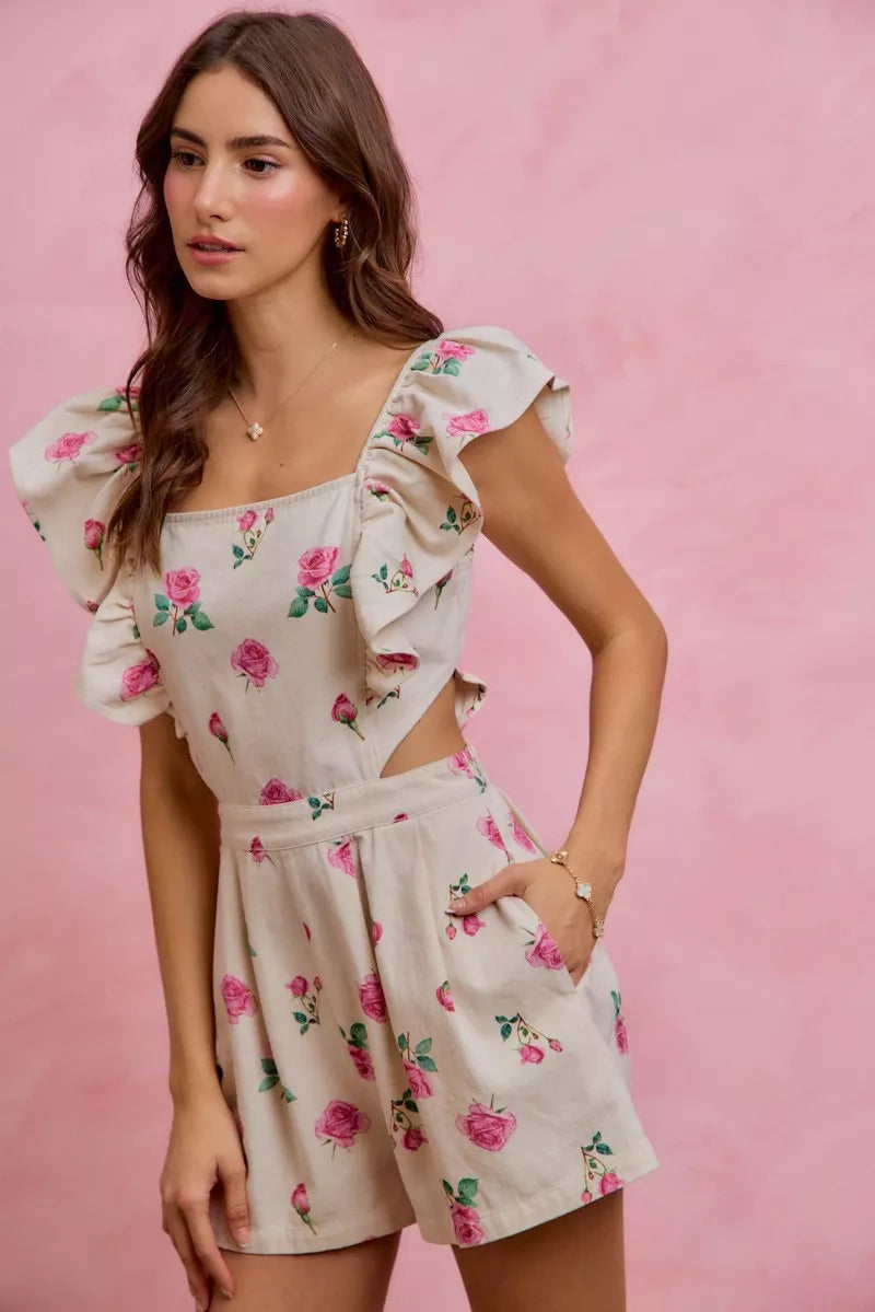 Floral Print Denim Cut Out Waist Ruffled Romper on model