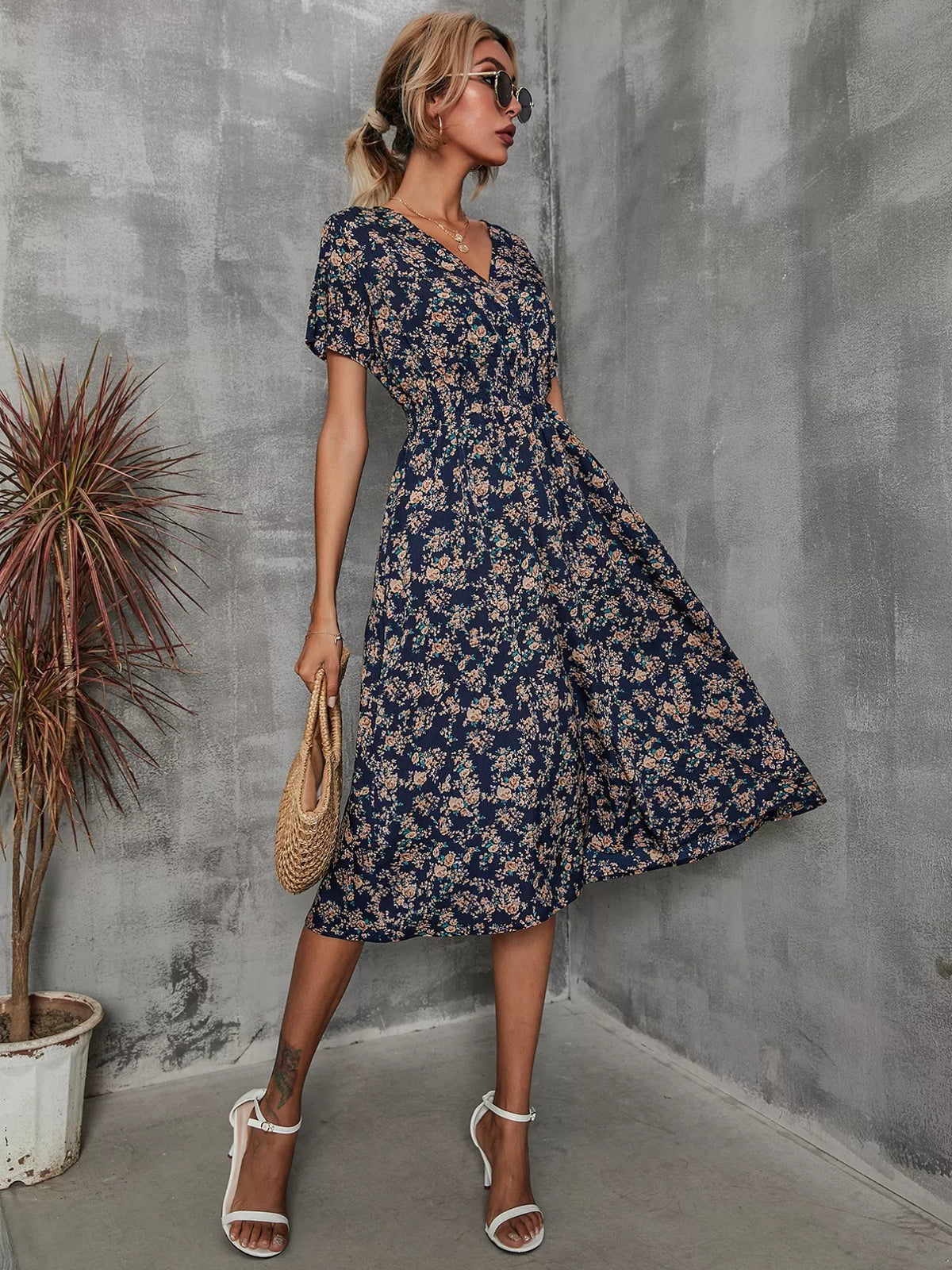 Printed short sleeve smocked midi dress front view