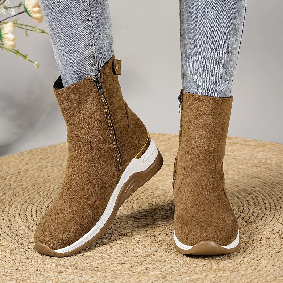 suede wedge heel ankle boots three quarter view