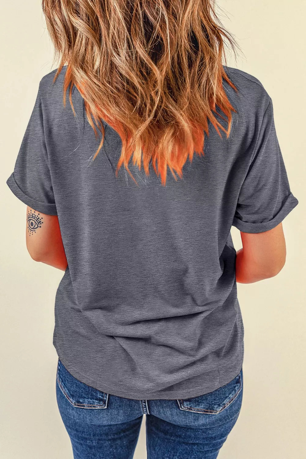 Dark gray graphic round neck short sleeve tee front view