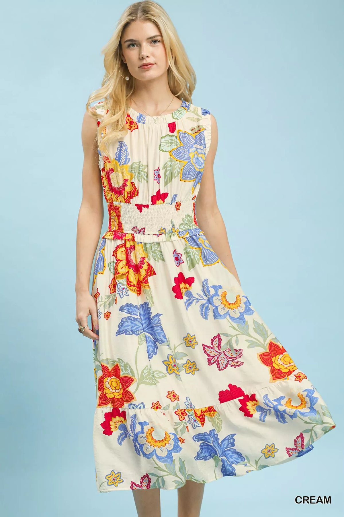 Cream floral smocked midi dress front view