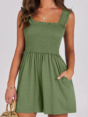 Smocked Square Neck Summer Romper Emerald Green - Fashorio