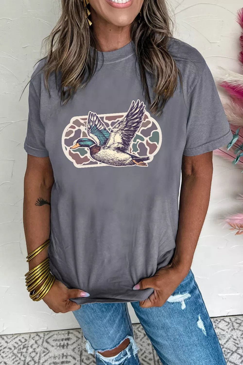 Dark gray graphic round neck short sleeve tee front view