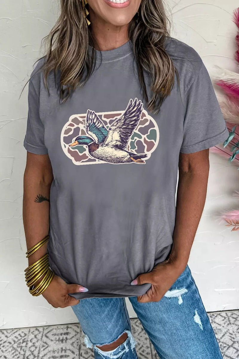 Dark gray graphic round neck short sleeve tee front view
