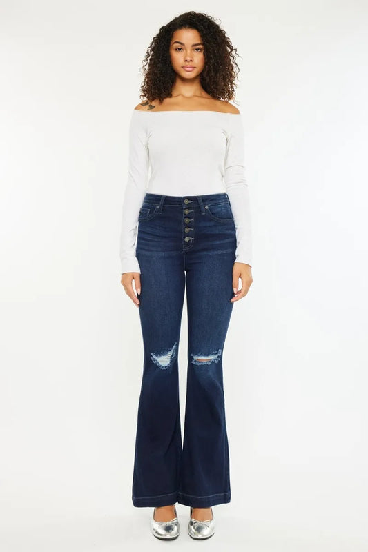 Kancan Button Fly High Rise Distressed Flare Jeans - Fashorio