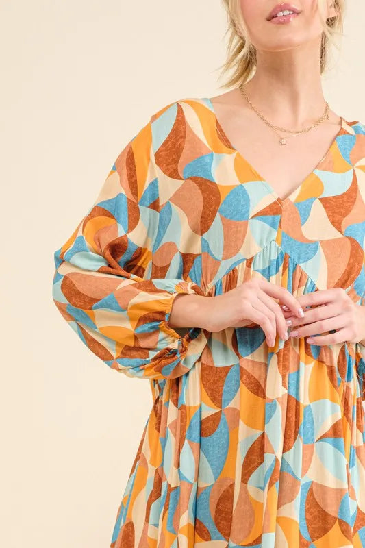 Printed Open Back Puff Sleeve Casual Dress on model
