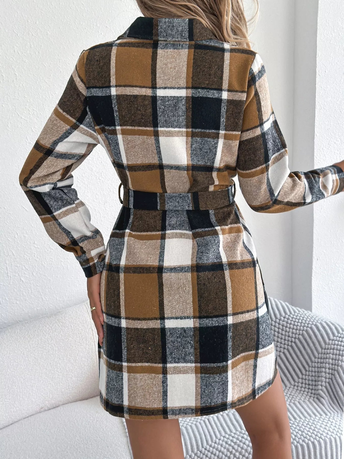Plaid Tie Waist Shirt Dress in Green view 8