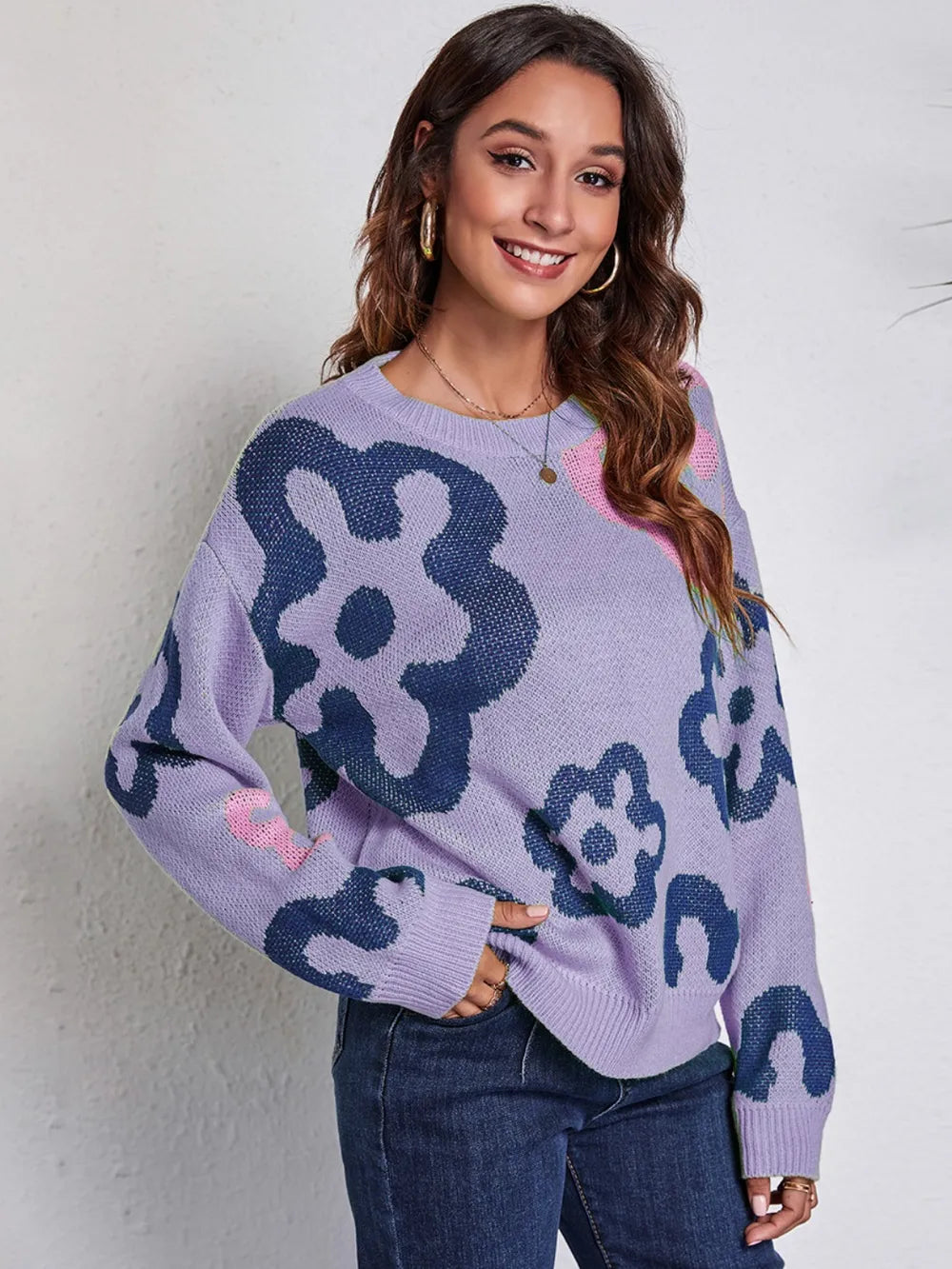 Flower Pattern Round Neck Long Sleeve Sweater Lavender - Fashorio