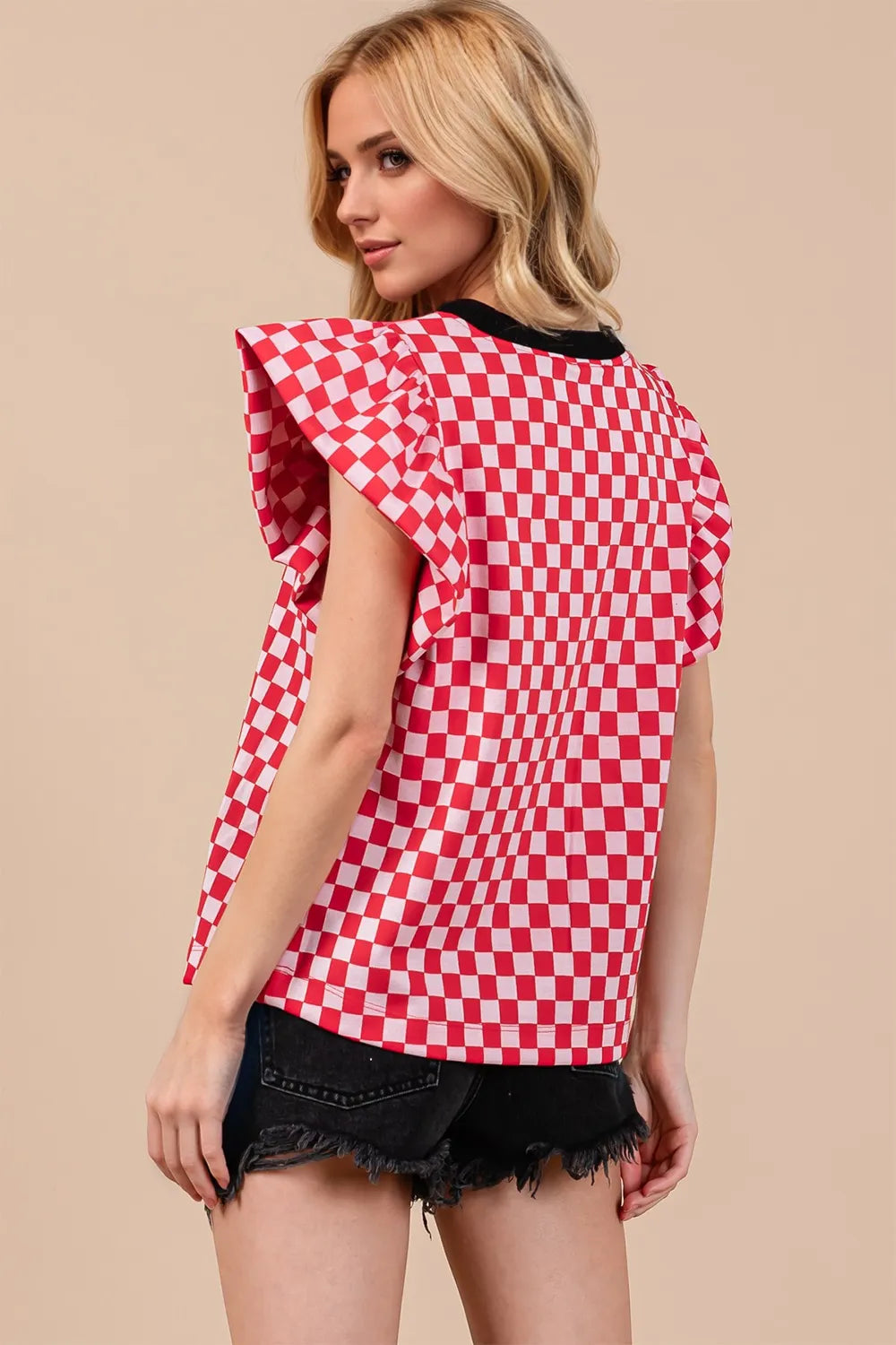 Checkered puff sleeve blouse side view