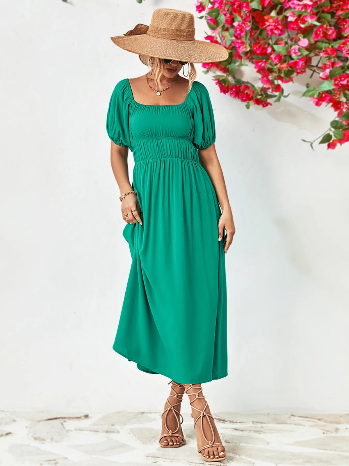 Off shoulder puff sleeve smocked maxi dress, front view