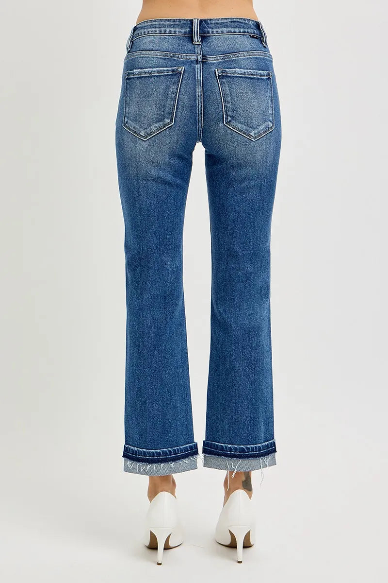 RISEN Mid Rise Ankle Straight Cuffed Jeans - Fashorio