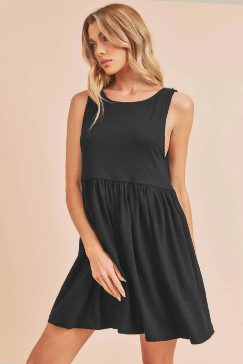 Ruched round neck mini tank dress in black front view